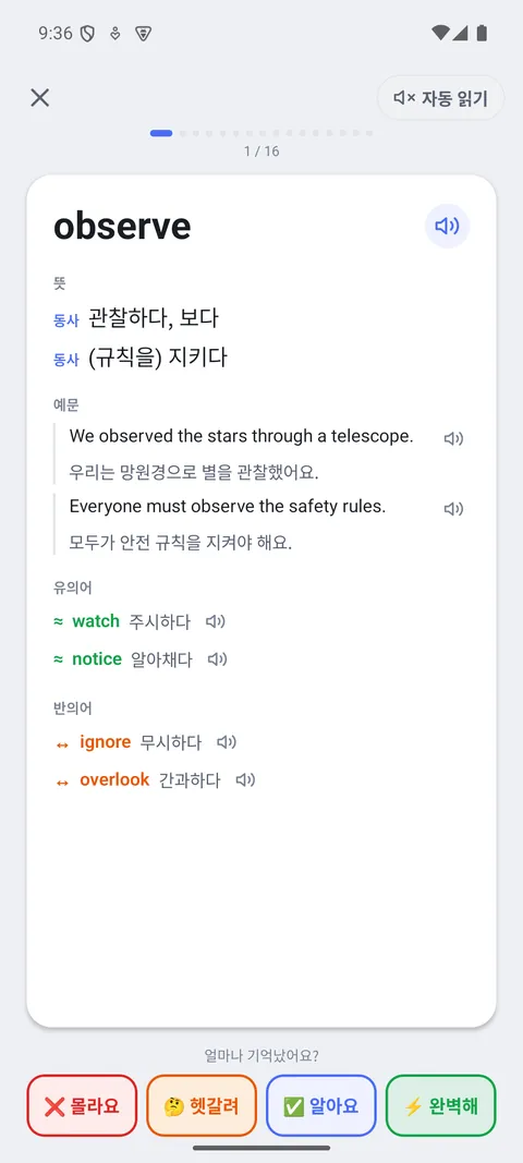 카드 스타일(뒤집기·기본·예문·듣기) 선택 화면
