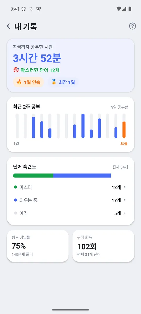 공부 시간·연속 기록·단어 숙련도·정답률을 보여주는 기록 화면